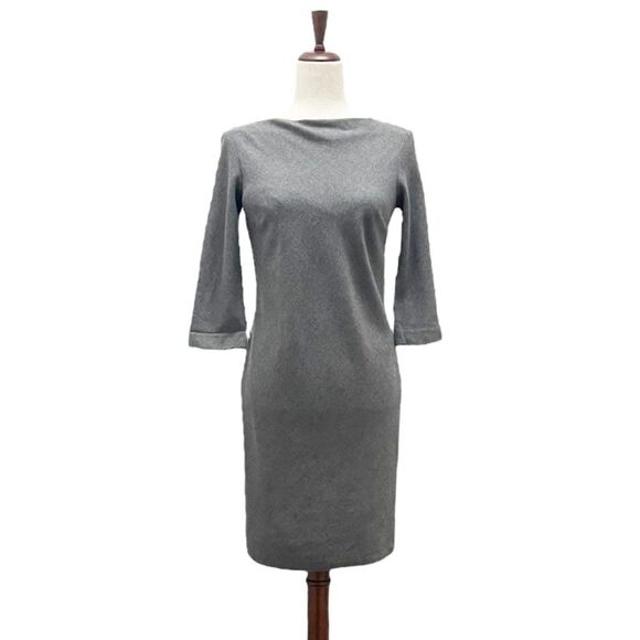 Theory Stretch Wool Boatneck Fitted Sheath Charcoal Gray 3/4 Sleeve Dress Size 2 - Picture 4 of 10